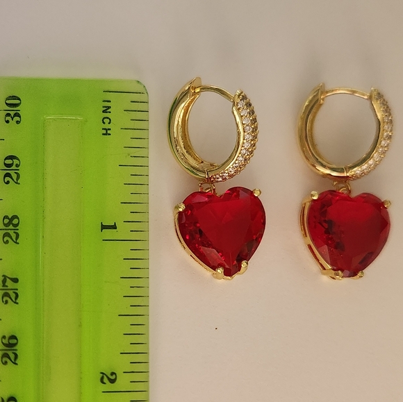 New 18K Gold Plated Large Heart Shaped Ruby Diamond Dangle Drop Hoop Earrings - Picture 4 of 10